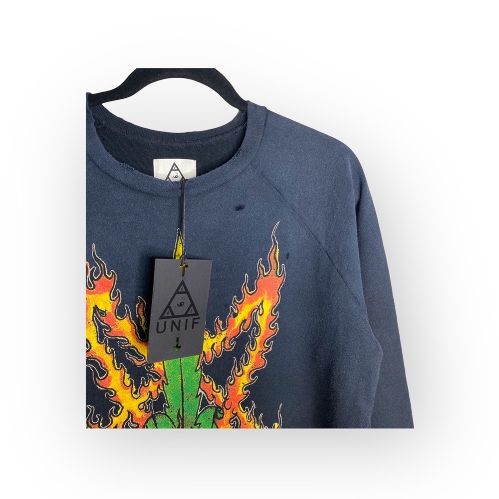 HTF: new UNIF ☻ Burn Me Weed Distressed Sweatshirt ☻ Flames ☻︎ Dirty Black ☻︎ M - Picture 8 of 17